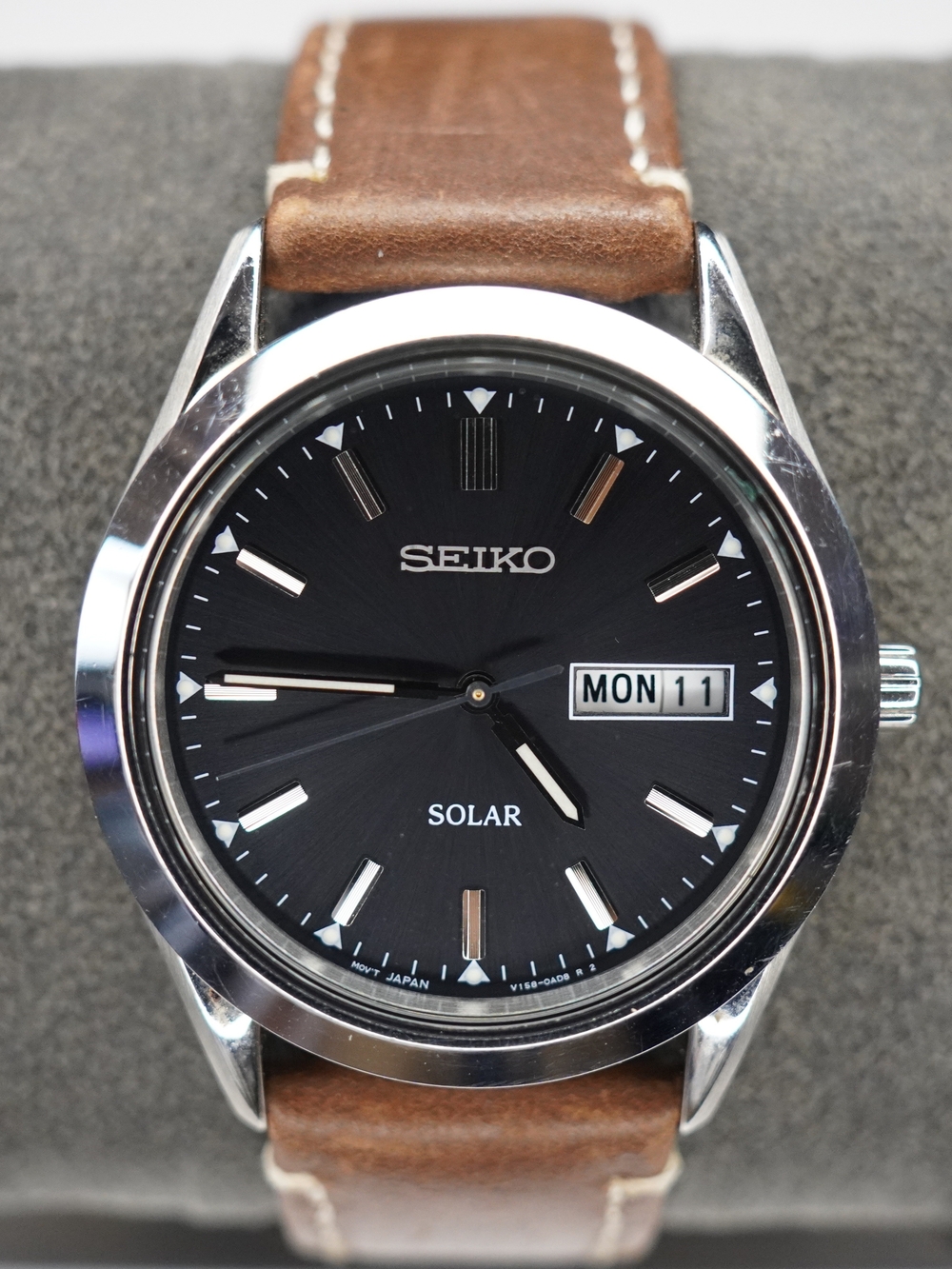 Seiko V158-0AB0 Solar Day Date Black Dial Stainless Steel Men's Watch